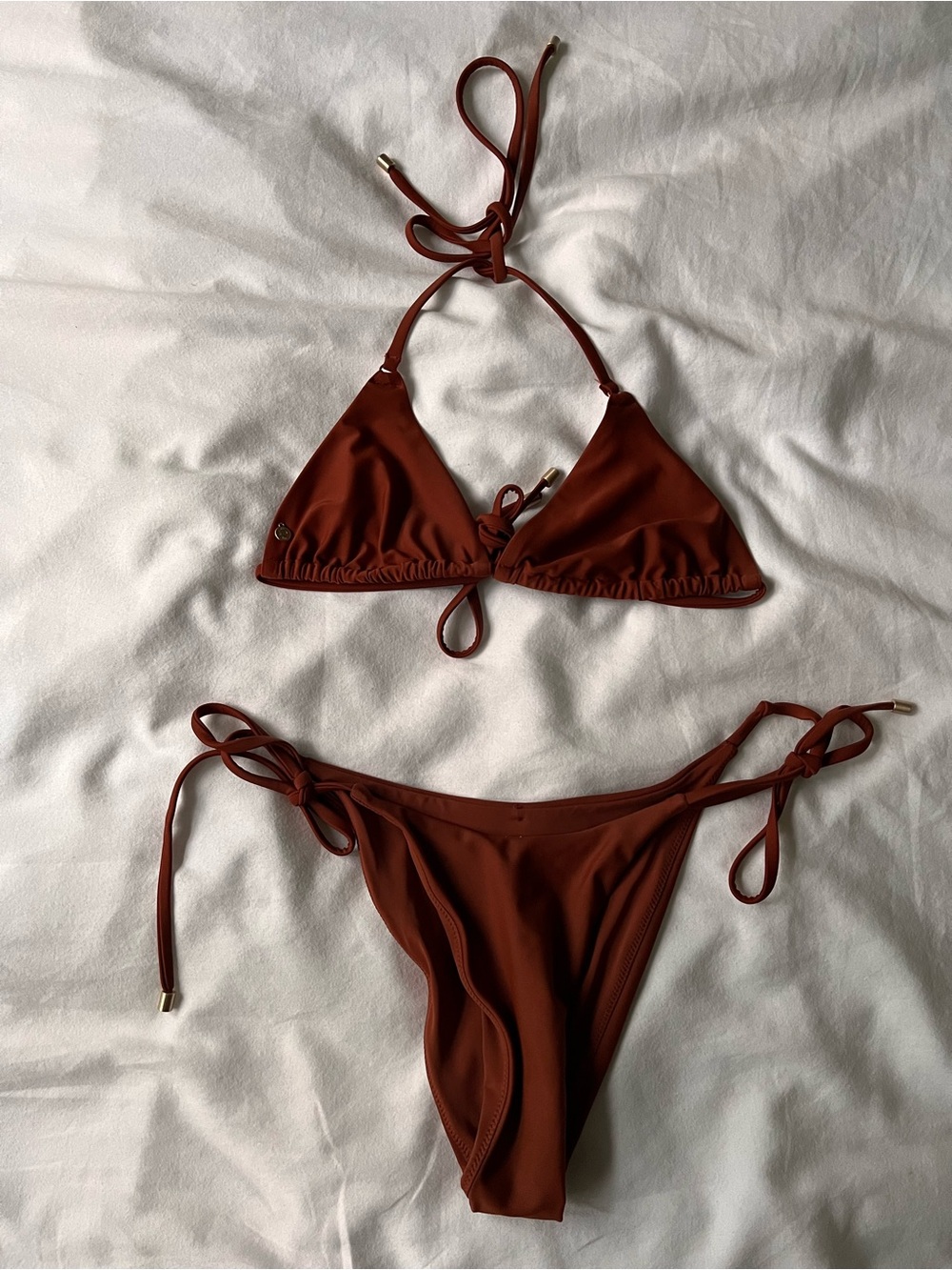 Rhythm Classic slide tri bikini top and tie side hi cut pant in rust small